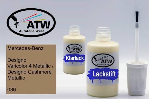Mercedes-Benz, Designo Varicolor 4 Metallic / Designo Cashmere Metallic, 036: 20ml Lackstift + 20ml Klarlack - Set, von ATW Autoteile West.